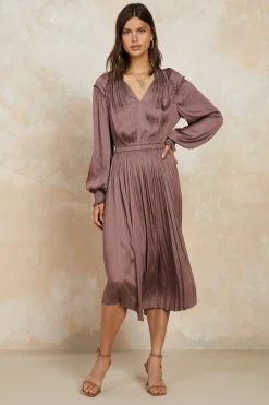 Current Air Midi Dresses-Smocked Cuff Midi Dress MAUVEBROWN