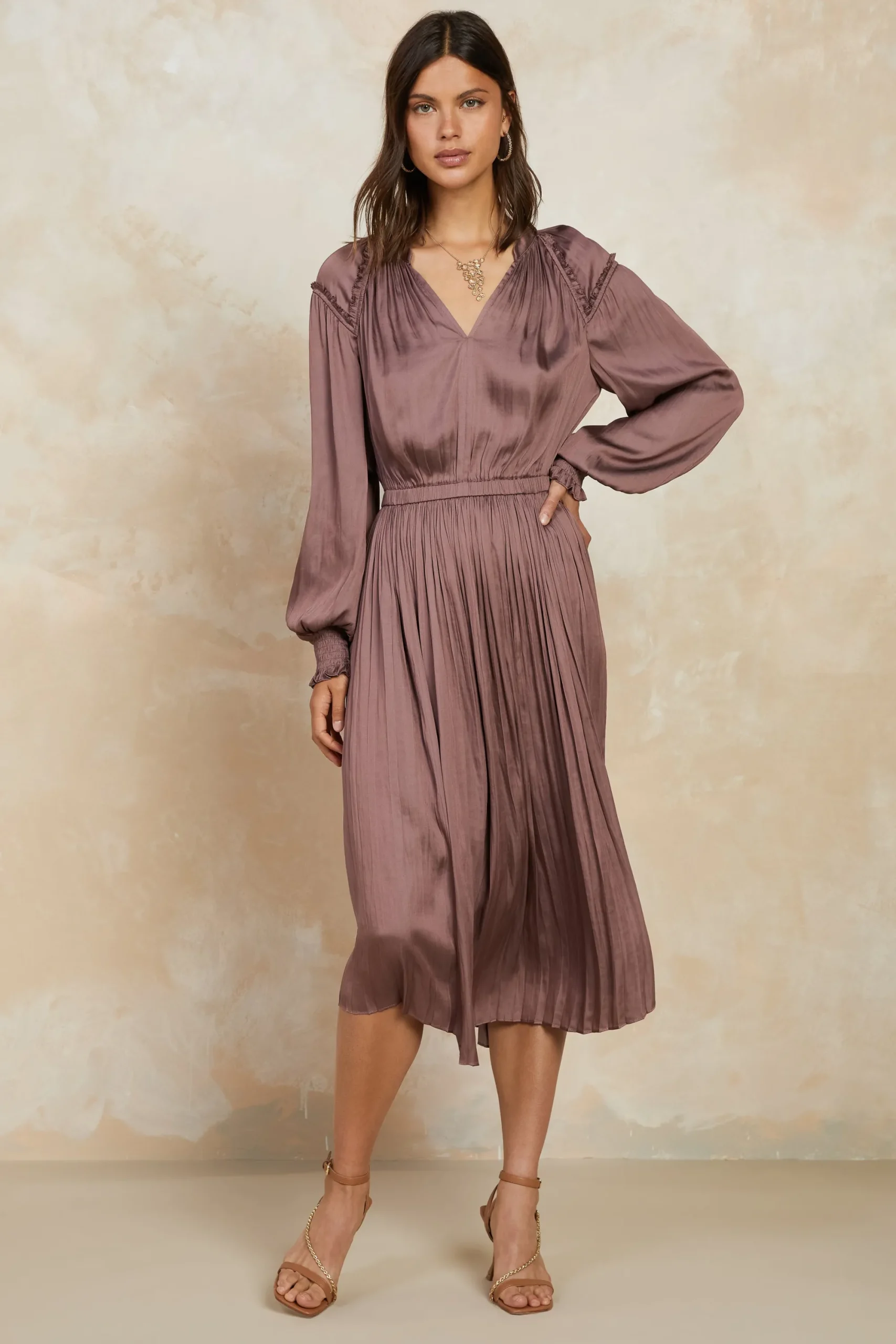 Current Air Midi Dresses-Smocked Cuff Midi Dress MAUVEBROWN
