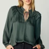 Current Air Long Sleeve Tops-Smocked Shoulder Blouse FORESTGREEN