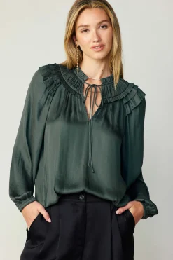 Current Air Long Sleeve Tops-Smocked Shoulder Blouse FORESTGREEN