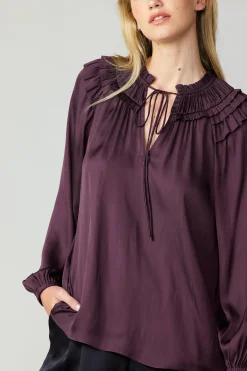 Current Air Long Sleeve Tops-Smocked Shoulder Blouse MIDNIGHTPLUM