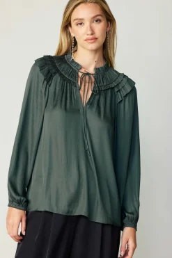 Current Air Long Sleeve Tops-Smocked Shoulder Blouse FORESTGREEN