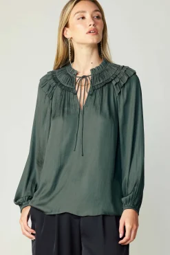Current Air Long Sleeve Tops-Smocked Shoulder Blouse FORESTGREEN