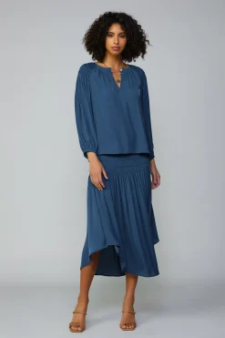 Current Air Long Sleeve Tops-Smocked Shoulder Button Blouse FRENCHNAVY