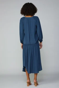 Current Air Long Sleeve Tops-Smocked Shoulder Button Blouse FRENCHNAVY