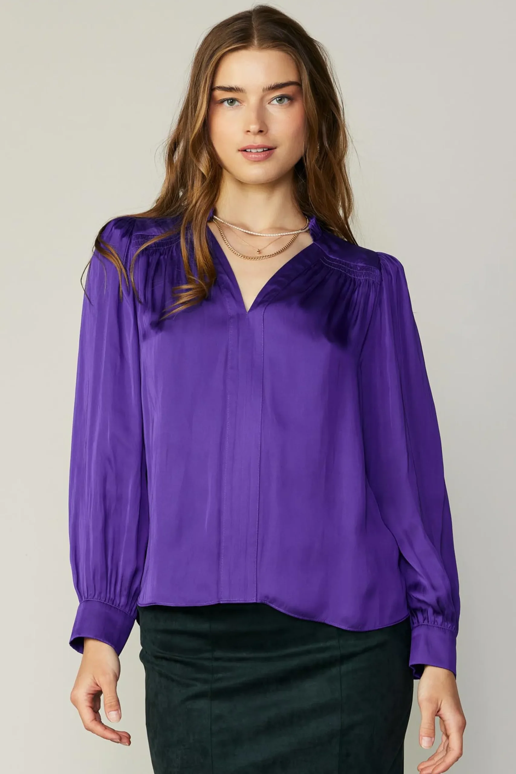 Current Air Long Sleeve Tops-Smocked Shoulder Cuffed Blouse SPACEPURPLE