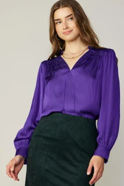 Current Air Long Sleeve Tops-Smocked Shoulder Cuffed Blouse SPACEPURPLE