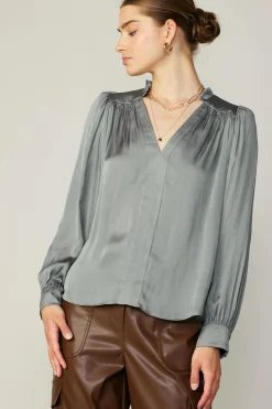 Current Air Long Sleeve Tops-Smocked Shoulder Cuffed Blouse MOSSGREY