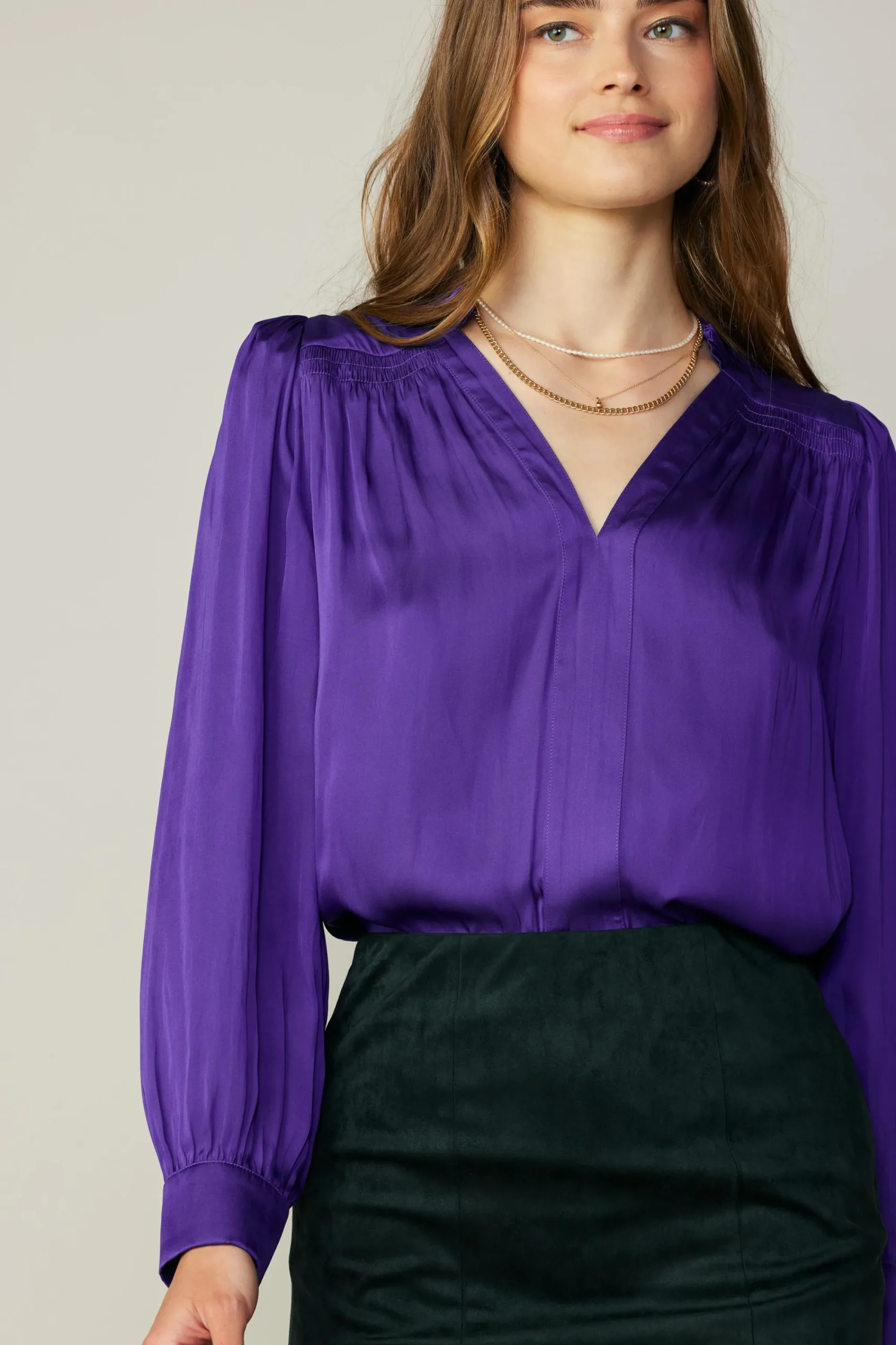Current Air Long Sleeve Tops-Smocked Shoulder Cuffed Blouse SPACEPURPLE