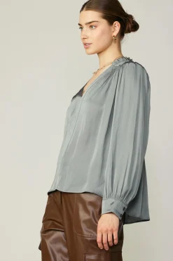 Current Air Long Sleeve Tops-Smocked Shoulder Cuffed Blouse MOSSGREY