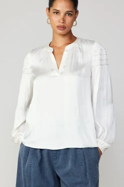Current Air Long Sleeve Tops-Smocked Sleeve Blouse ECRU