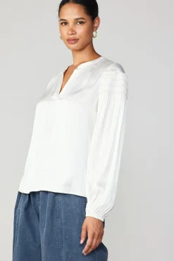 Current Air Long Sleeve Tops-Smocked Sleeve Blouse ECRU
