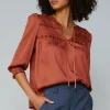 Current Air Long Sleeve Tops-Smocked Split Neck Blouse ROSEWOOD