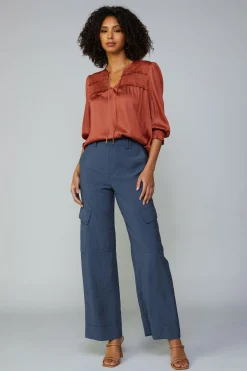 Current Air Long Sleeve Tops-Smocked Split Neck Blouse ROSEWOOD