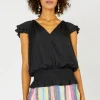Current Air Sleeveless Tops-Smocked Waist Cap Sleeve Top BLACK
