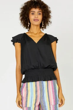 Current Air Sleeveless Tops-Smocked Waist Cap Sleeve Top BLACK