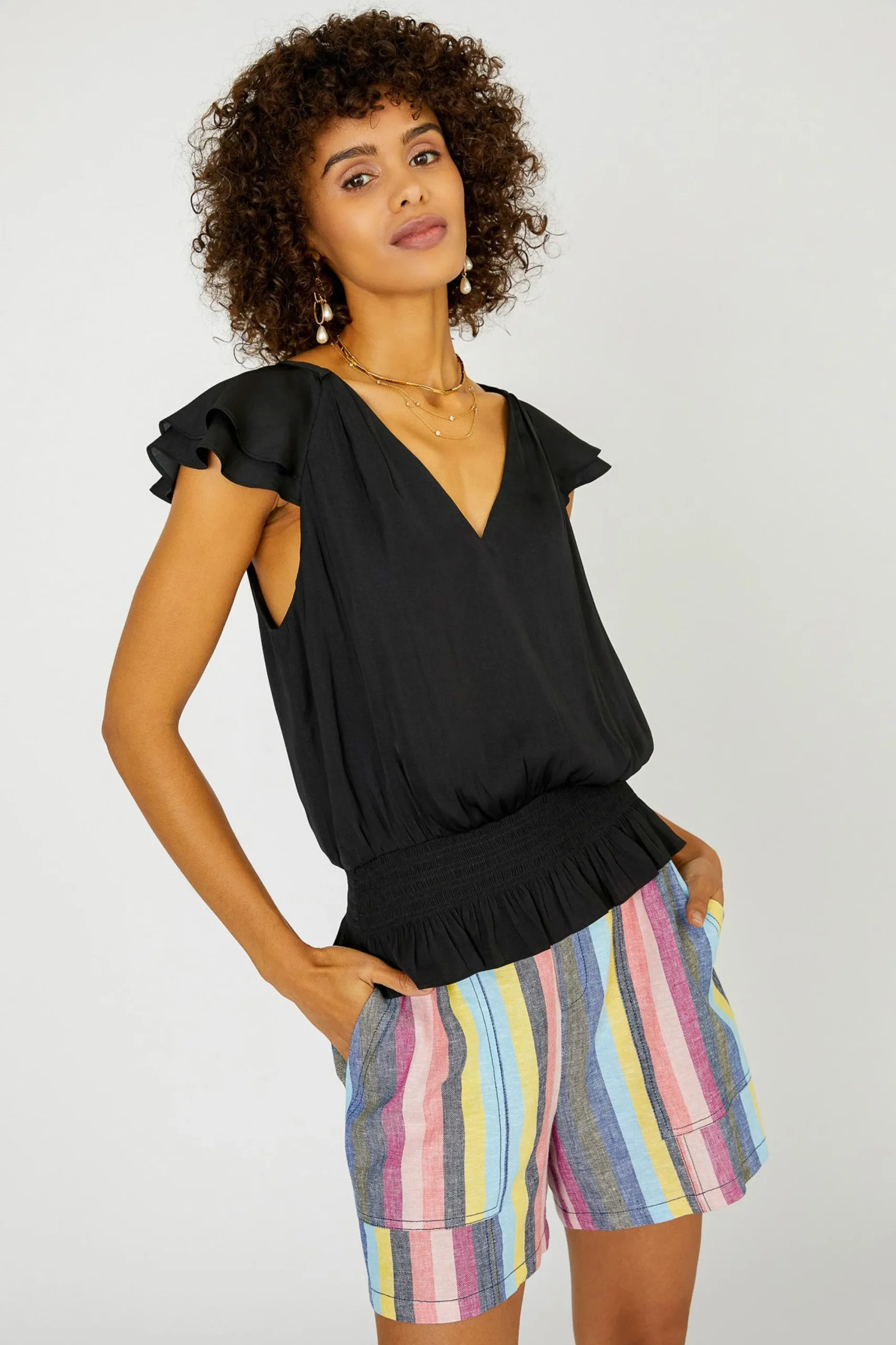 Current Air Sleeveless Tops-Smocked Waist Cap Sleeve Top BLACK