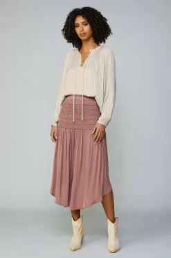Current Air Skirts-Smocked Waist Midi Skirt DUSTYCLAY