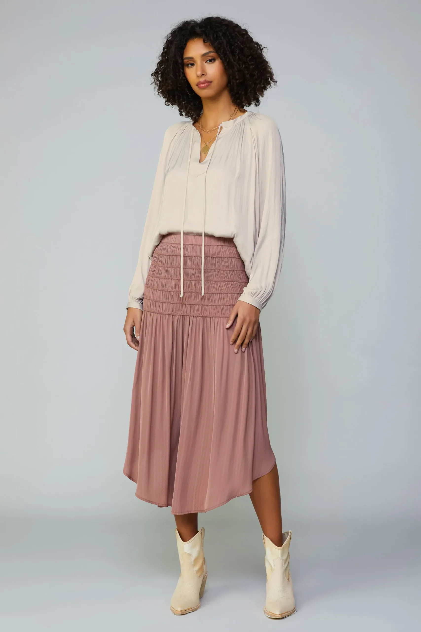 Current Air Skirts-Smocked Waist Midi Skirt DUSTYCLAY