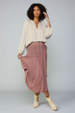 Current Air Skirts-Smocked Waist Midi Skirt DUSTYCLAY
