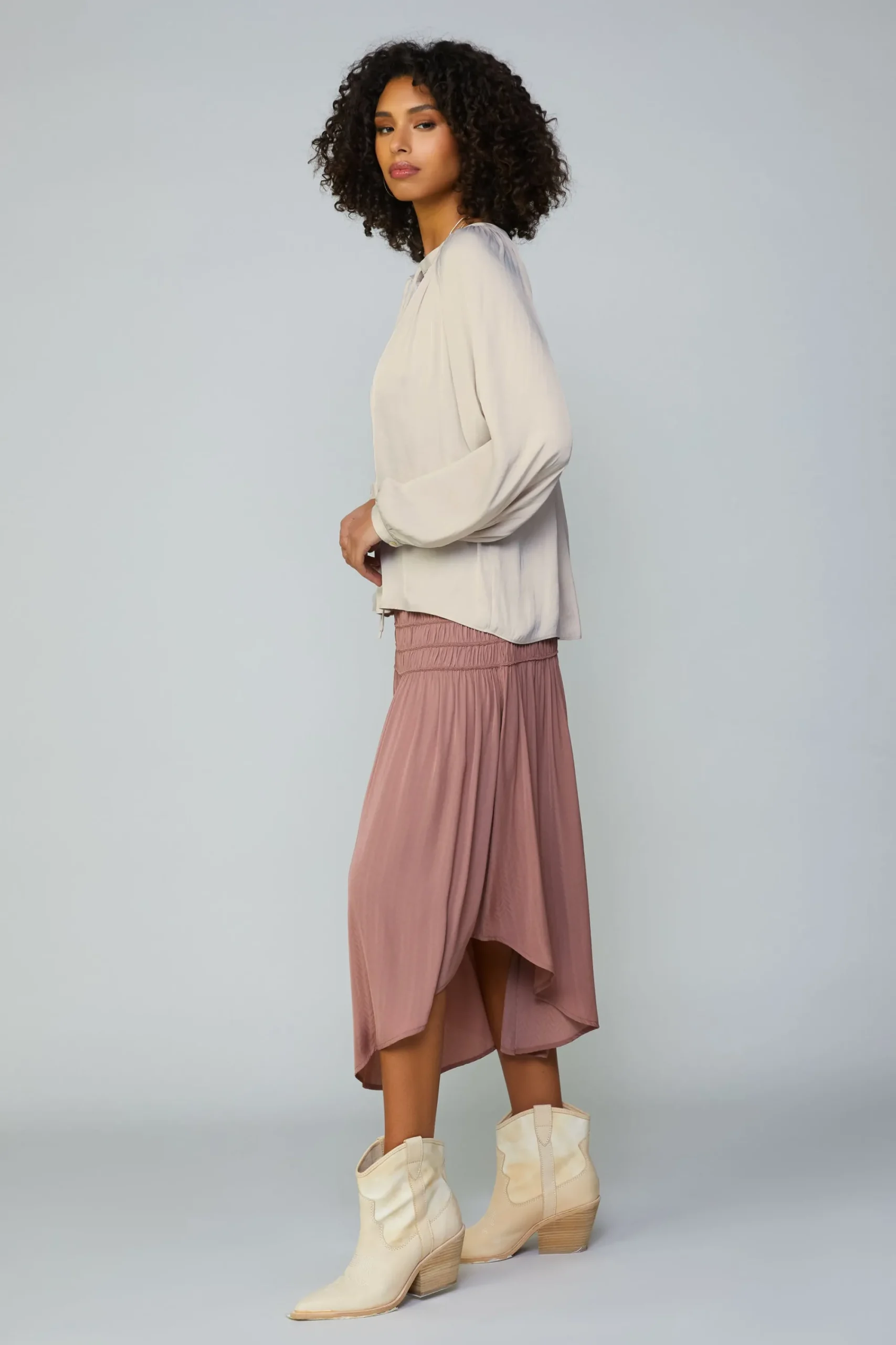 Current Air Skirts-Smocked Waist Midi Skirt DUSTYCLAY