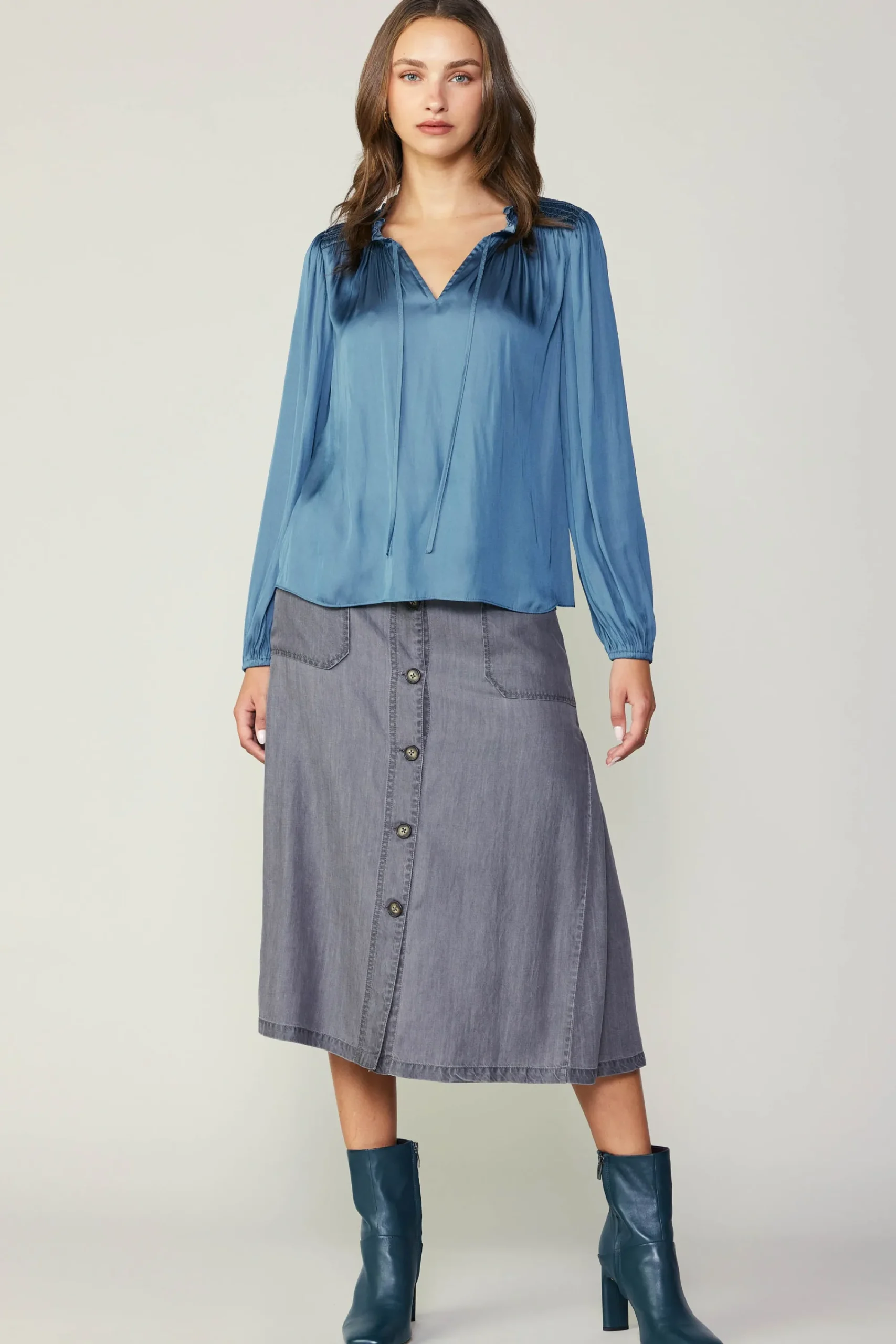 Current Air Long Sleeve Tops-Smocked Yoke Blouse AEGEANBLUE