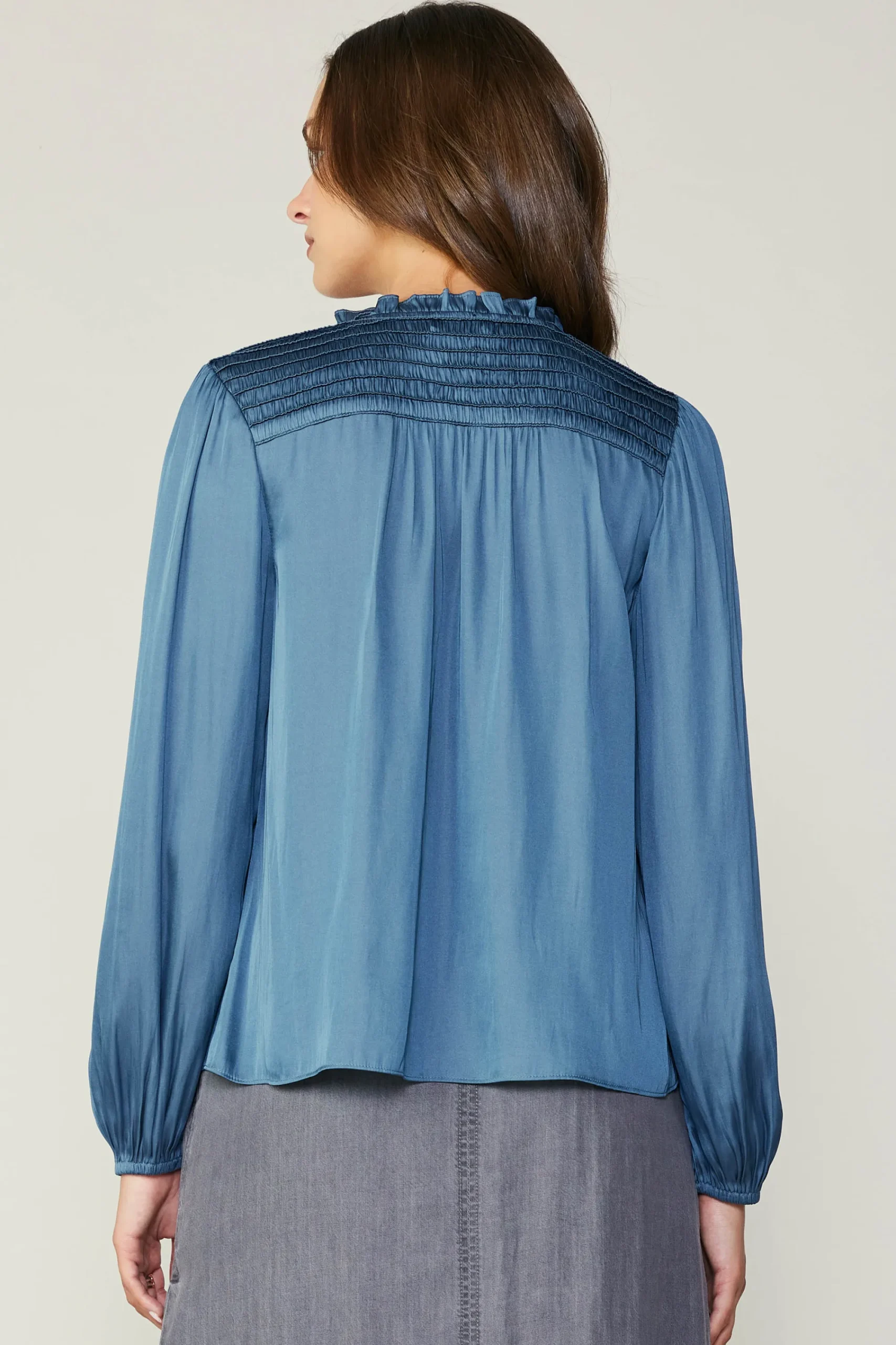 Current Air Long Sleeve Tops-Smocked Yoke Blouse AEGEANBLUE