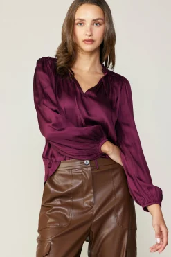 Current Air Long Sleeve Tops-Smocked Yoke Blouse WINE