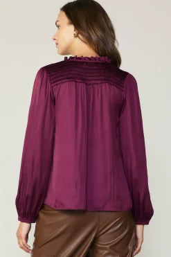 Current Air Long Sleeve Tops-Smocked Yoke Blouse WINE