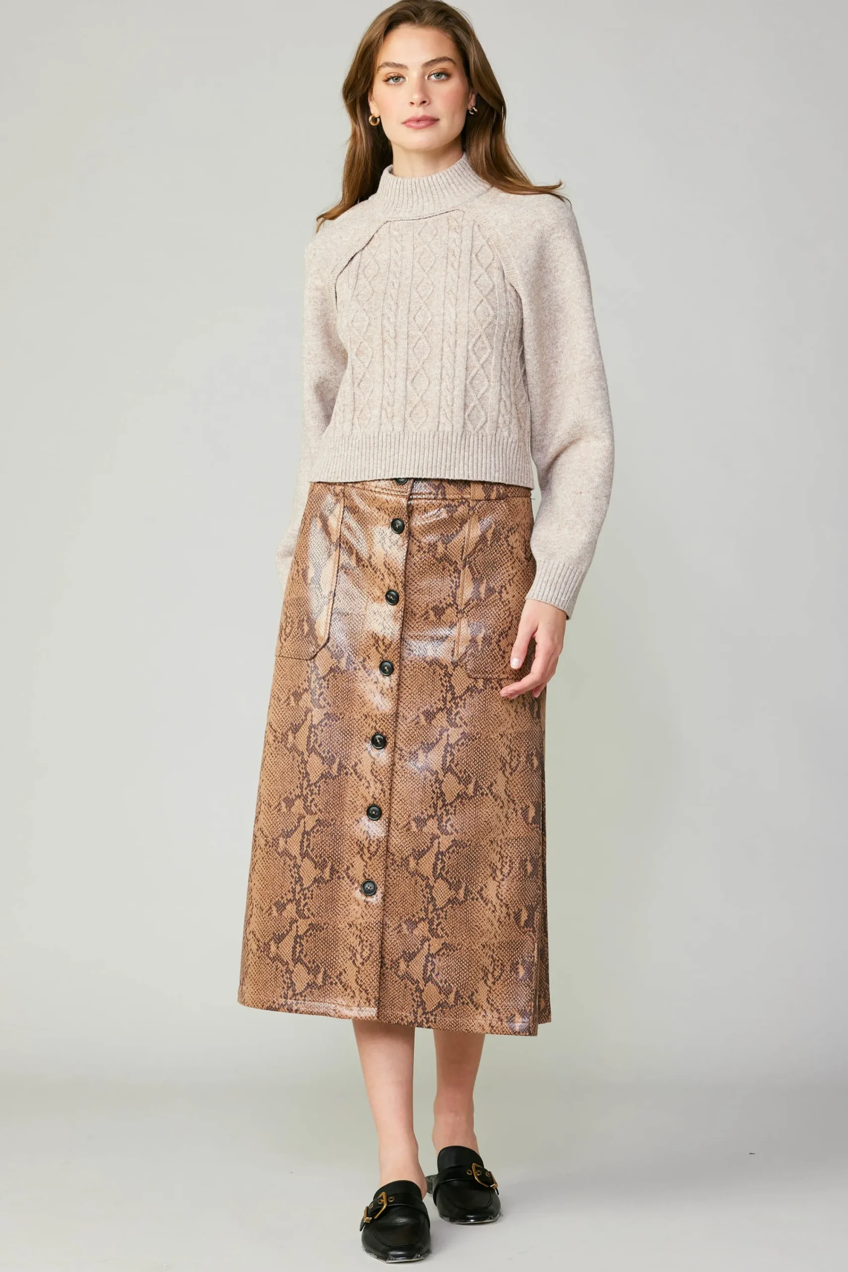Current Air Skirts-Snake Print Midi Skirt SNAKESKINBROWN