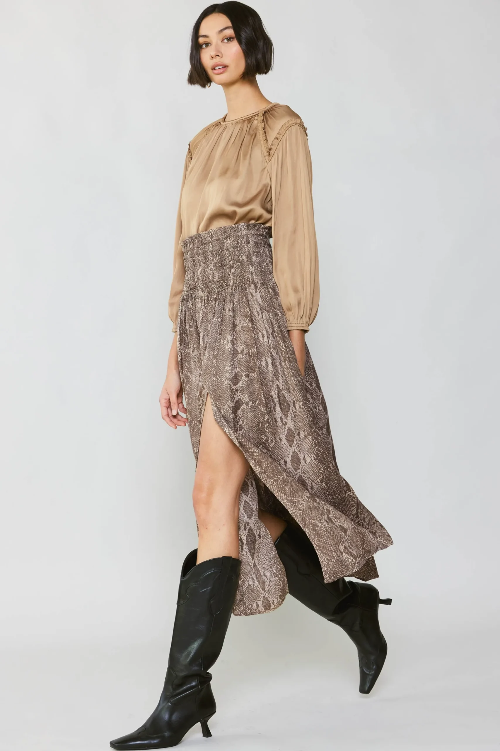 Current Air Skirts-Snake Print Midi Skirt BROWN