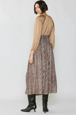 Current Air Skirts-Snake Print Midi Skirt BROWN
