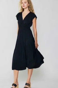 Current Air Midi Dresses-Sophia Flutter Sleeve Midi Dress BLACK