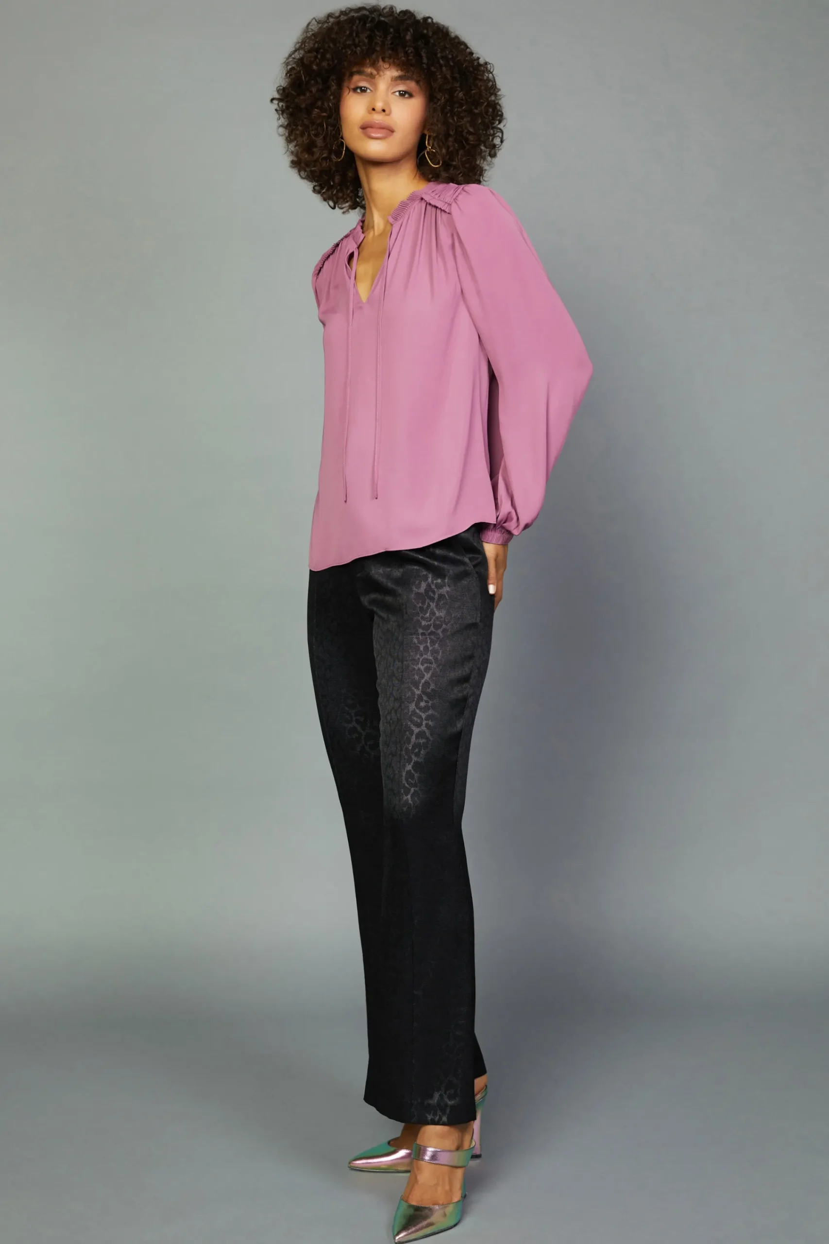 Current Air Long Sleeve Tops-Split Neck Blouse CHATEAUROSE