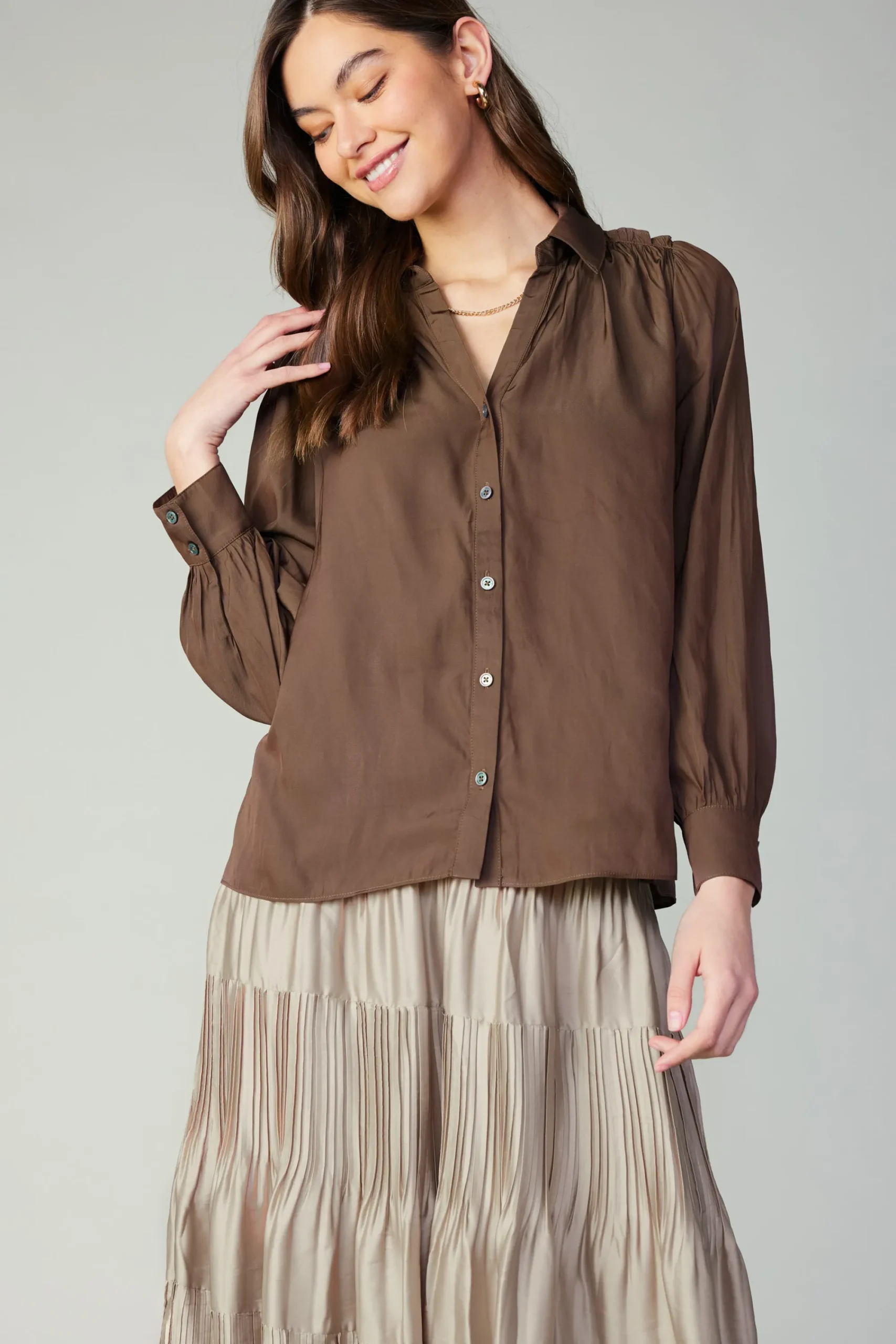 Current Air Long Sleeve Tops-Split Neck Buttoned Shirt COCOA