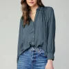 Current Air Long Sleeve Tops-Split Neck Buttoned Shirt FORESTGREEN