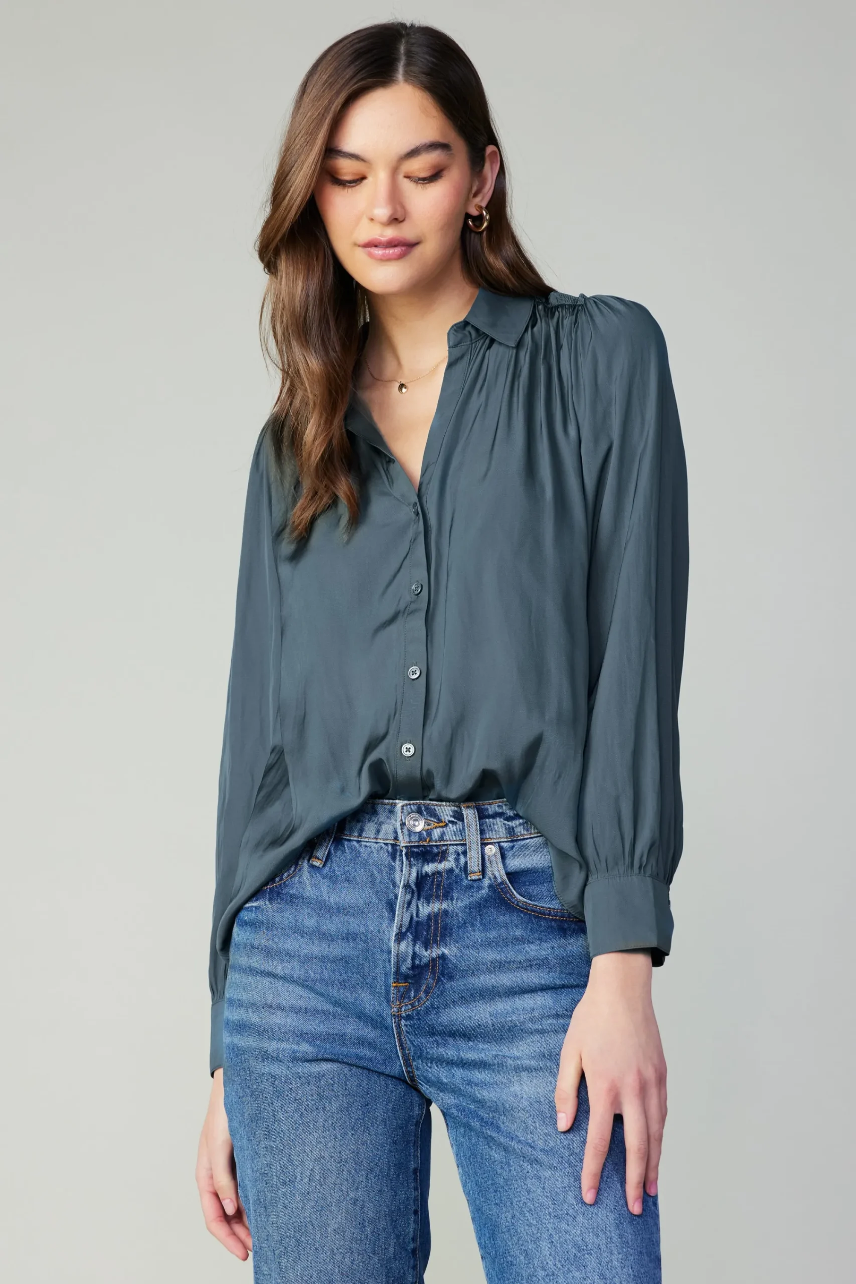 Current Air Long Sleeve Tops-Split Neck Buttoned Shirt FORESTGREEN
