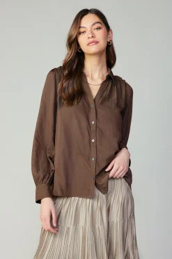 Current Air Long Sleeve Tops-Split Neck Buttoned Shirt COCOA