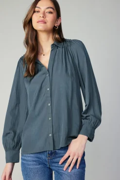 Current Air Long Sleeve Tops-Split Neck Buttoned Shirt FORESTGREEN