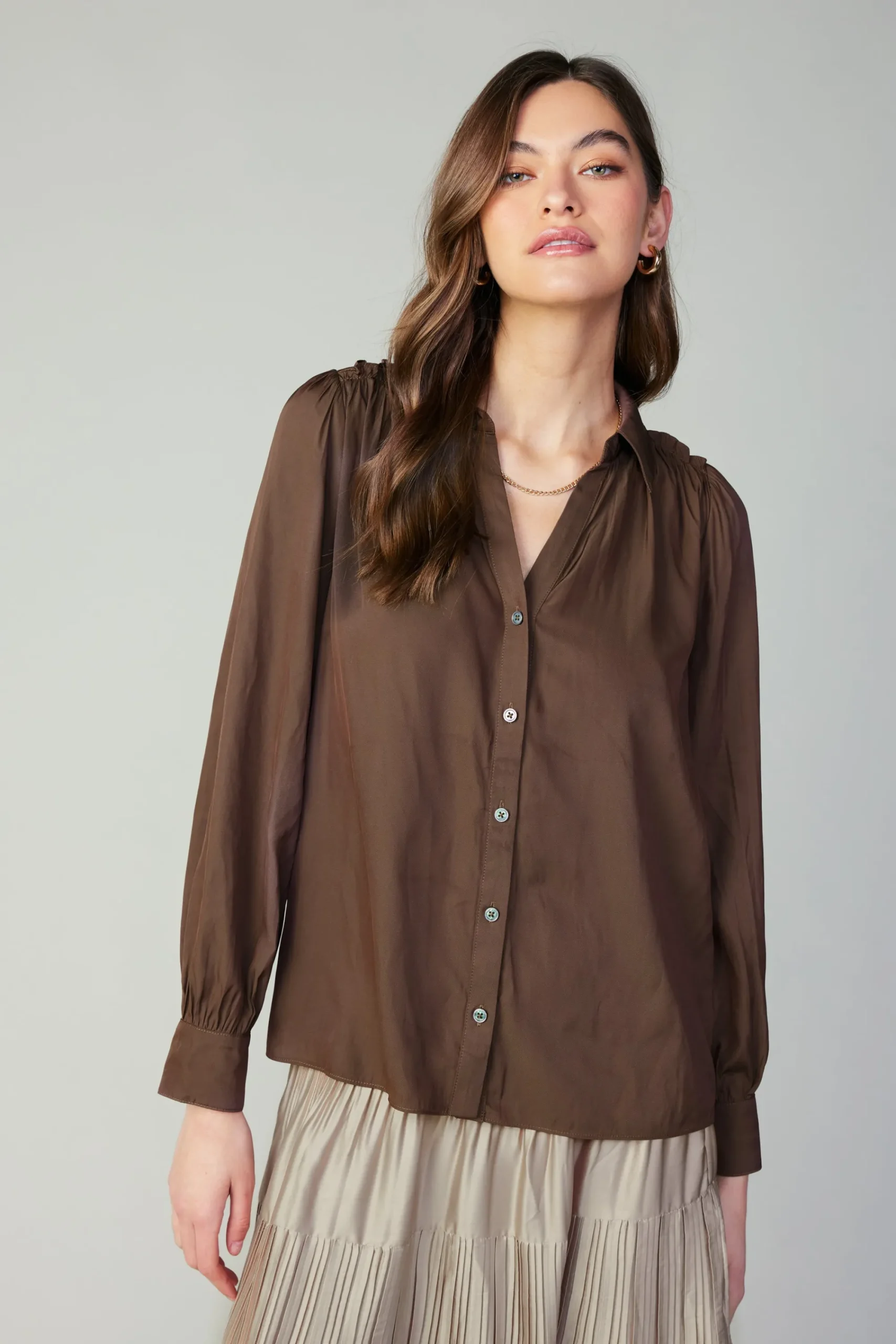 Current Air Long Sleeve Tops-Split Neck Buttoned Shirt COCOA