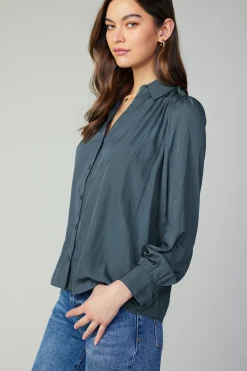 Current Air Long Sleeve Tops-Split Neck Buttoned Shirt FORESTGREEN