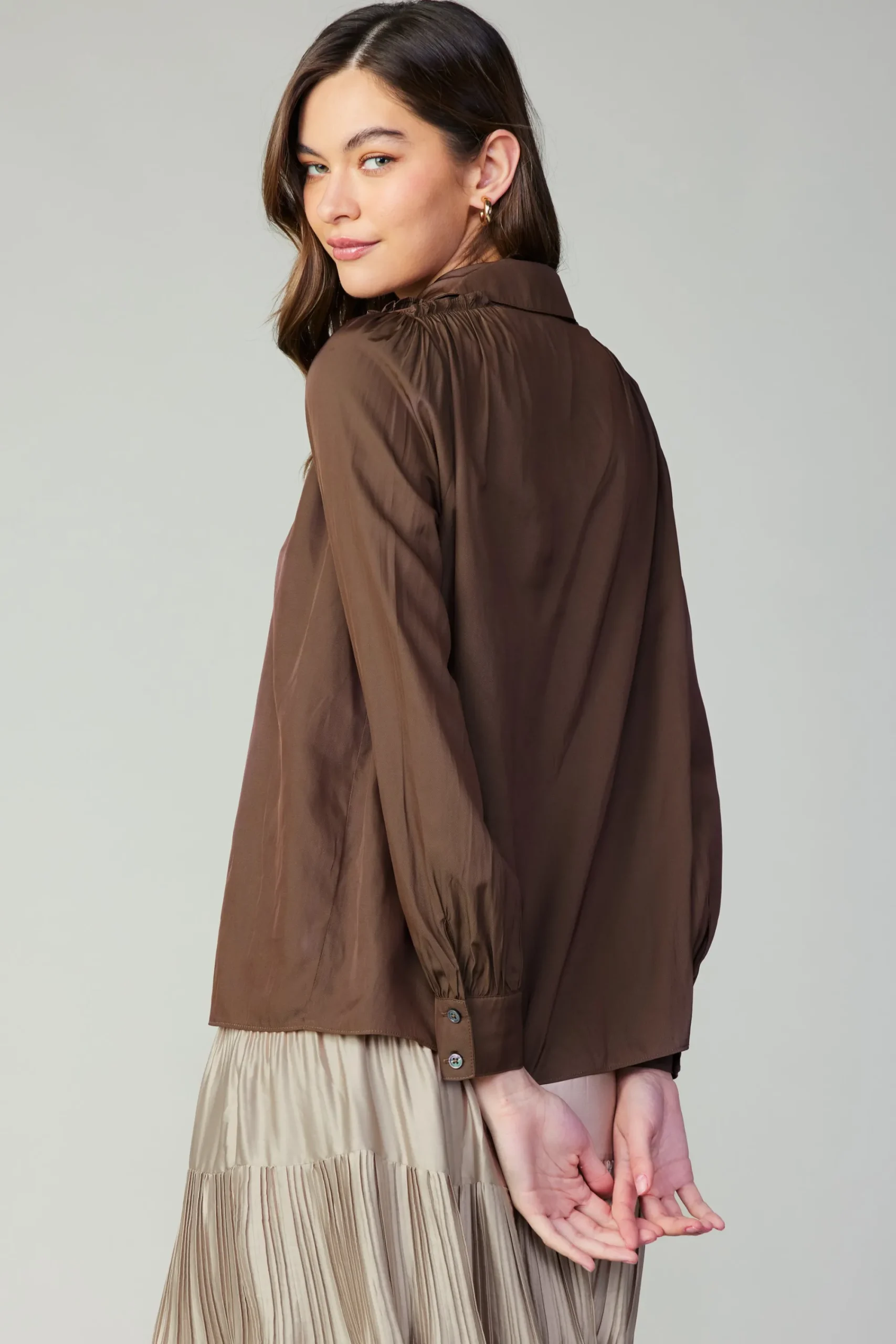 Current Air Long Sleeve Tops-Split Neck Buttoned Shirt COCOA