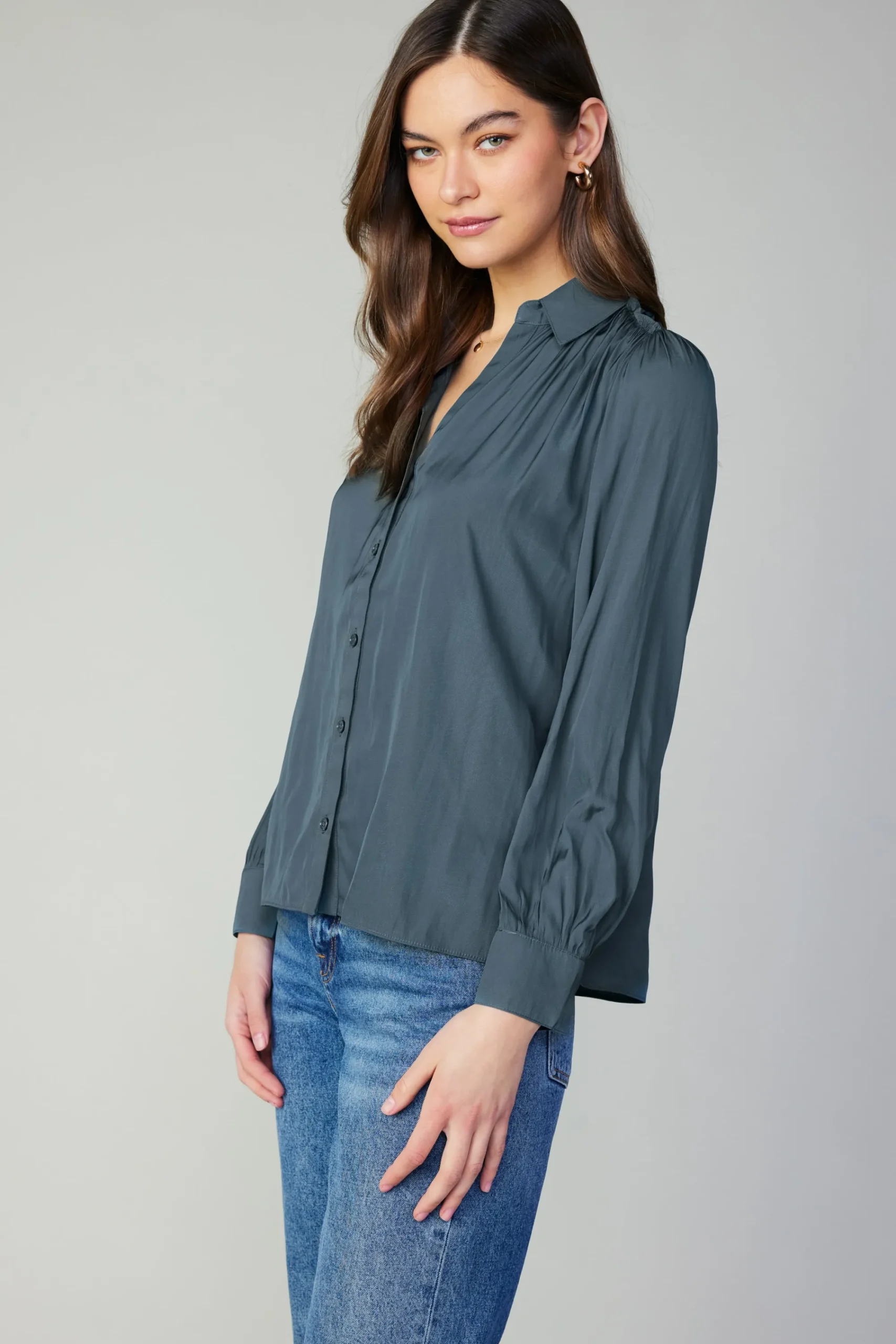Current Air Long Sleeve Tops-Split Neck Buttoned Shirt FORESTGREEN