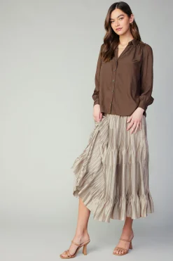 Current Air Long Sleeve Tops-Split Neck Buttoned Shirt COCOA