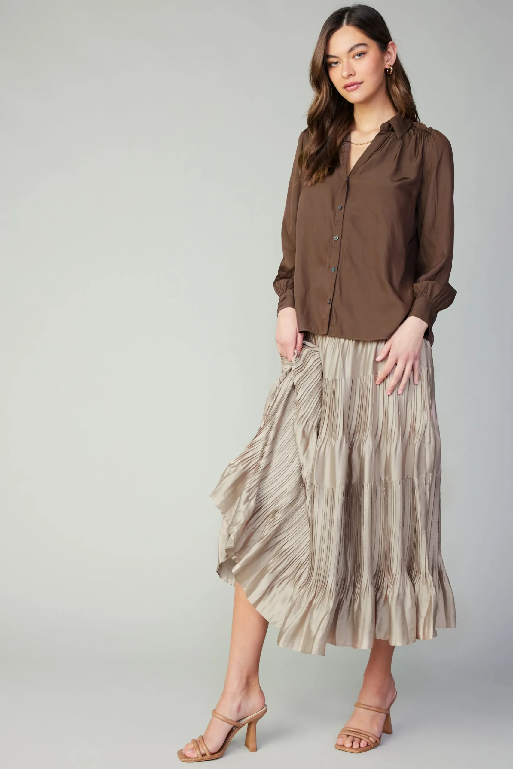 Current Air Long Sleeve Tops-Split Neck Buttoned Shirt COCOA