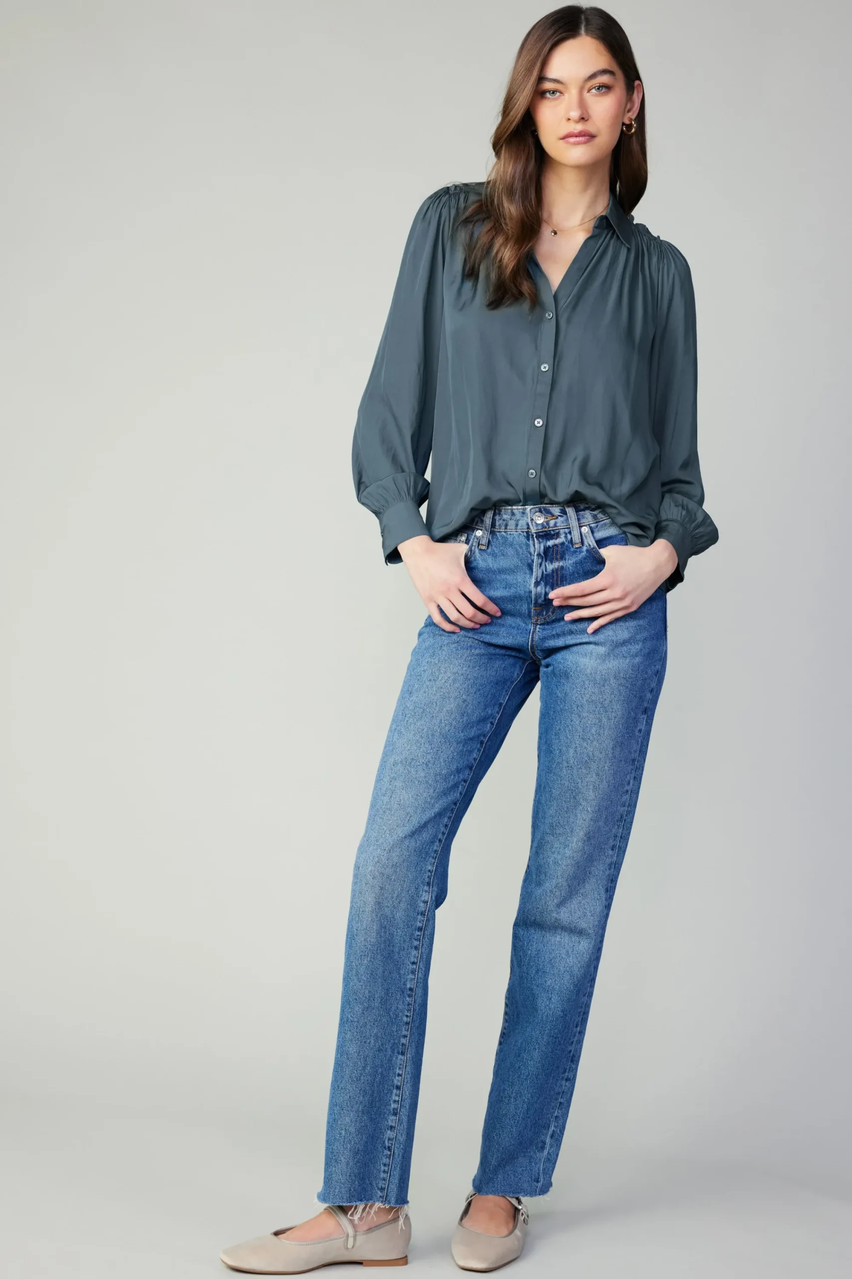 Current Air Long Sleeve Tops-Split Neck Buttoned Shirt FORESTGREEN