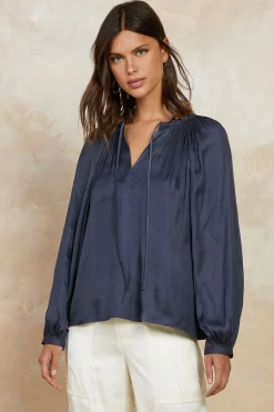 Current Air Long Sleeve Tops-Split Neck Long Sleeve Top CHARCOAL