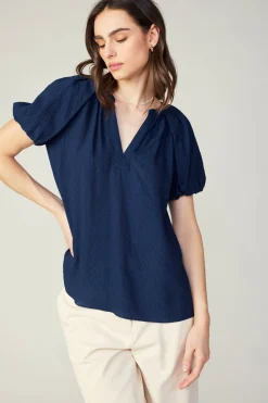 Current Air Short Sleeve Tops-Split Neckline Top NAVY