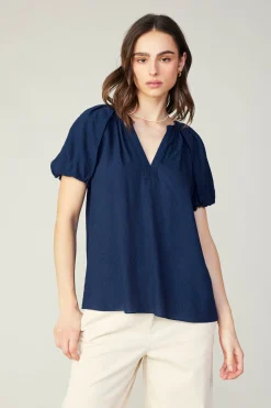 Current Air Short Sleeve Tops-Split Neckline Top NAVY