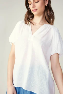 Current Air Short Sleeve Tops-Split Neckline Top WHITE